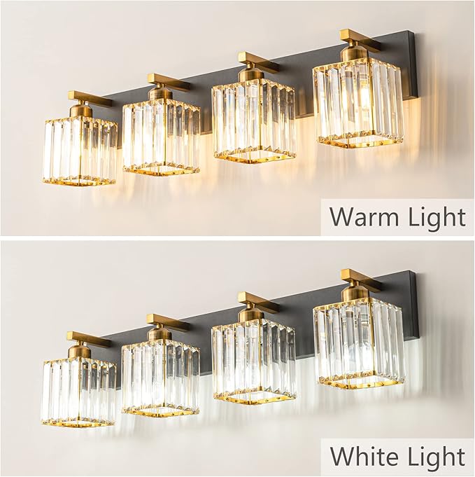 FDPBY Modern Bathroom Vanity Light 4-Lights Black Gold Crystal Bathroom Wall Light Vanity Light Fixtures，28.34-inch Modern Minimalist Design