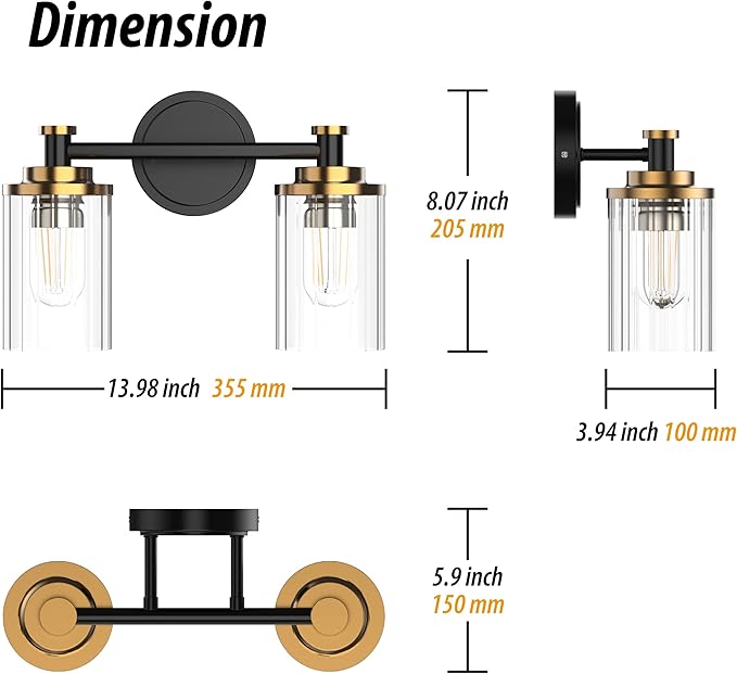 PHIXART Bathroom Lighting Fixtures Black and Gold Bathroom Vanity Light with Cylindrical Clear Stripes Glass Lampshade E26 Socket Base Bathroom Lighting Fixtures Over Mirror (2 Lights)