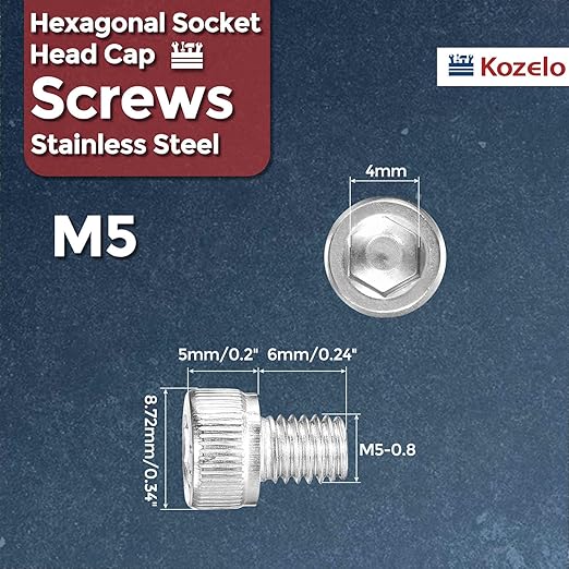 Kozelo 40pcs Socket Head Cap Screws - [M5-0.8 x 6mm] 304 Stainless Steel Allen Socket Drive for Electrical Motor 3D Printing Fan Engine Replacement Use, Silver