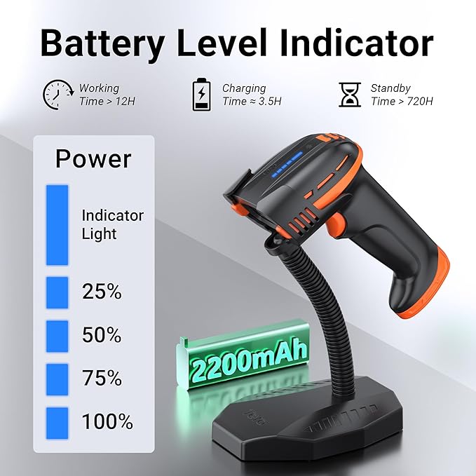 Tera Pro Barcode Scanner with Power Switch Battery Level Indicator Replaceable Battery Wall Mountable Stand 1D 2D QR Works with Bluetooth 2.4G Wireless USB Wired Bar Code Reader D6100