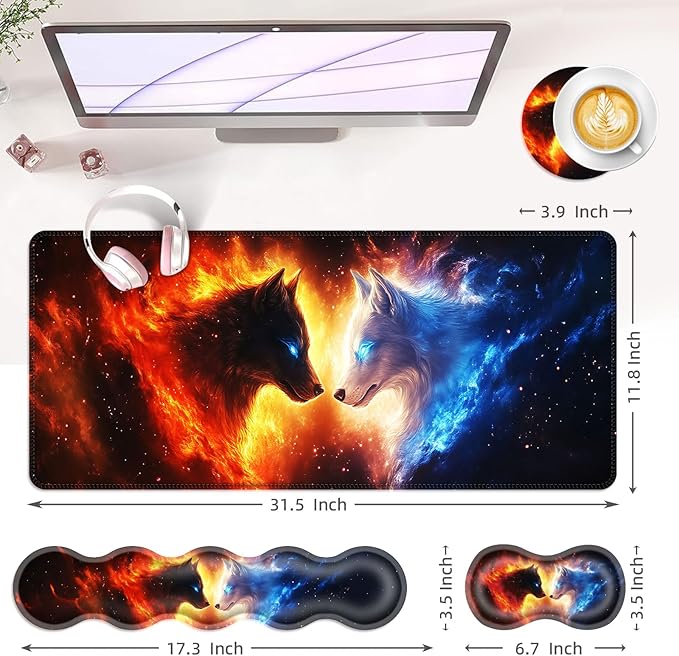 BFUKVOU Large Keyboard Mouse Pad Set, Extended Mouse Pad+Keyboard Wrist Rest Support, Memory Foam Ergonomic Easy Typing, 4Pcs (31.5×11.8 in) Desk Pad Set for Office Home,Cool Wolves