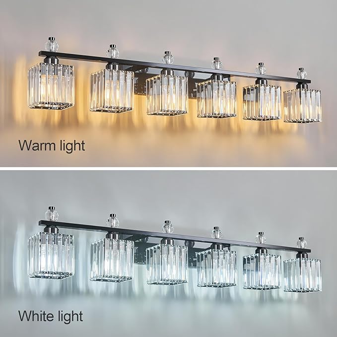 FDPBY Vanity Lights 6-Light Modern Crystal Vanity Light Plating Black Bathroom Light Fixtures Over Mirror Crystal Bathroom Vanity Lighting Fixtures