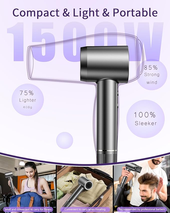 Hair Dryer, 15000RPM High Speed Ionic Hair Dryer for Fast Drying, Professional Lightweight with Magnetic Nozzle, 5 Temperatures and 2 Speeds, Low Noise, Suitable for Travel and Home Use
