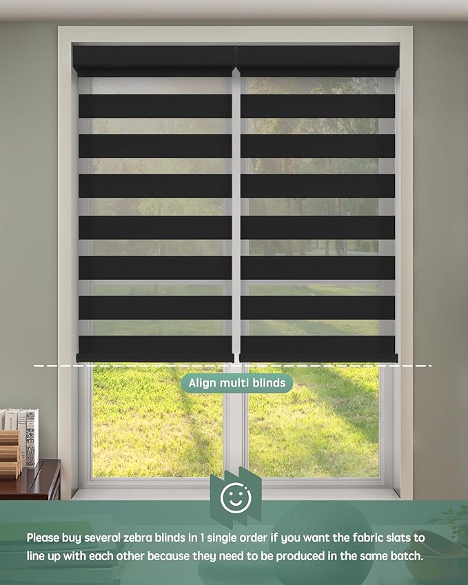 Yoolax Motorized Zebra Blinds Compatible with Alexa, Smart Dual Layer Shades with Privacy Light Control, Electric Horizontal Window Blind Customized Size for Home Office (70% Shading - Wool Black)