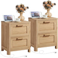 Joaxswe Farmhouse Nightstand Set of 2 with Charging Station, End Tables Bedroom with 2 Large Drawers & 4 Thickened Table Legs, Natural Wood