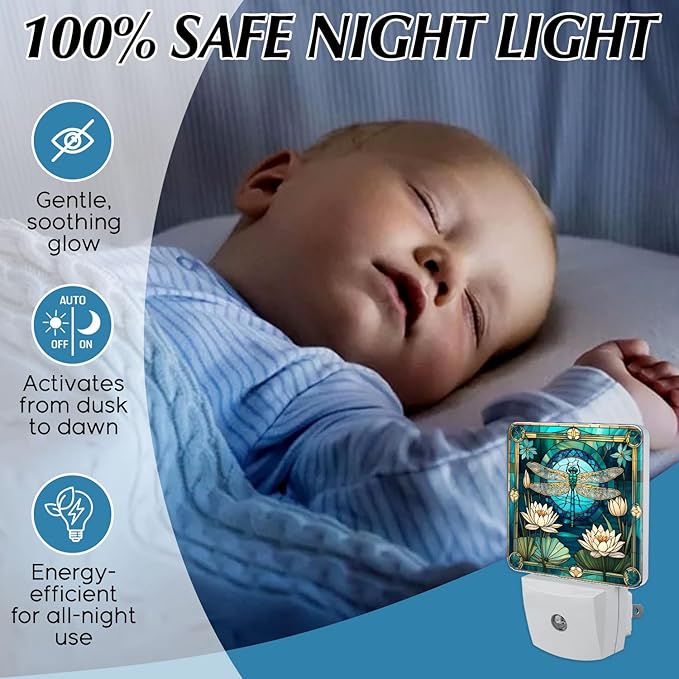 PODMemory Dragonfly & Flowers Stained Glass Night Lights Plug into Wall for Room, Dragonfly & Flowers Night Light LED for Bedroom