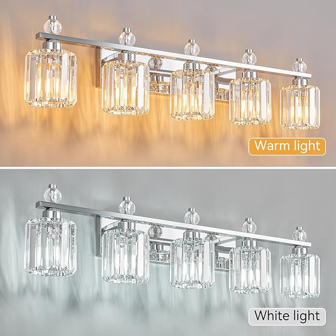 FDPBY Bathroom Vanity Lights 5-Light Chrome Modern Crystal Vanity Light Fixtures Over Mirror Crystal Bathroom Vanity Lighting Fixtures