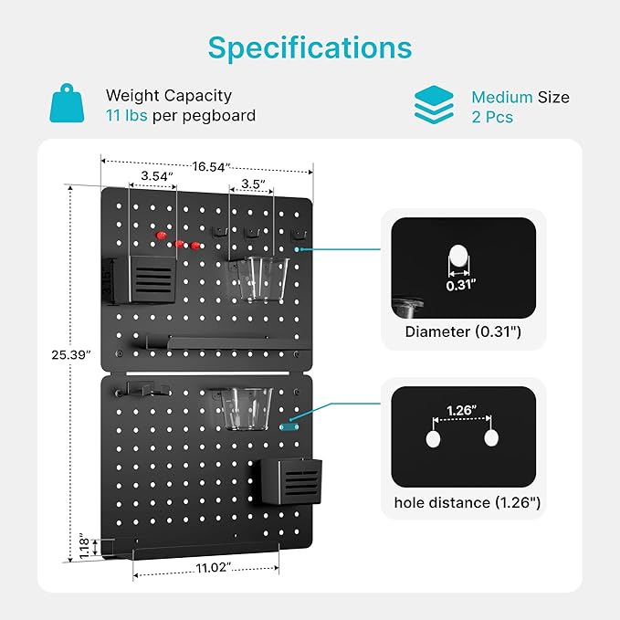 PEGZONE Pegboard Wall Organizer Combination Kit, Overall 25.4"x16.6" Metal Office Pegboard with 13 Accessories, Wall Mounted Peg board Display Panels for Home, Gaming Room, Garage (2Pcs, Medium,Black)