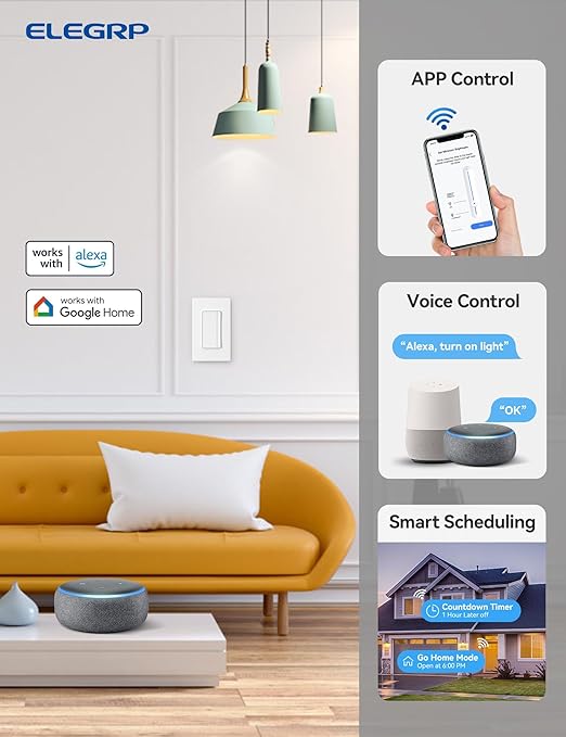 ELEGRP Smart Dimmer Light Switch DPR30, 2.4GHz Wi-Fi Dimmer Switch Compatible with Alexa and Google Assistant, Single Pole/3 Way, Needs Neutral Wire, No Hub Required, UL&FCC Listed, White, 1 Pack