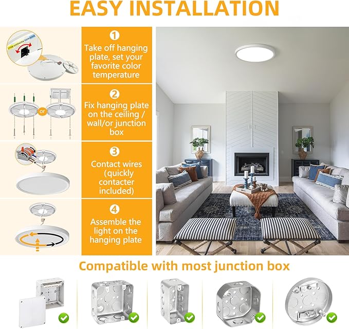 RLEDPZTX Led Flush Mount Ceiling Light,9 Inch 18w 1860lm,3000k/4000k/6000k 3CCT Selectable, Round Modern Flat Panel Super Slim Led Ceiling Light,for Living Dining Kitchen Bedroom Room (6Pack-White)