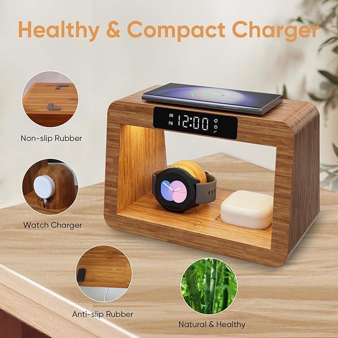 Bamboo Wireless Charging Station, 3 in 1 Charging Station with Light & Clock for Samsung & Android Phone, Wireless Phone Charger Station Only for Samsung Watch