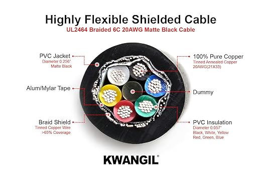 KWANGIL 6C 20AWG AMSB Shielded Cable Wire (UL2464) - Highly Flexible Str TC, PVC Ins, OS+TC BRD, PVC JKT for CNC Machine, Stepper Motor, VFD Spindle (Matte Black 50FT)