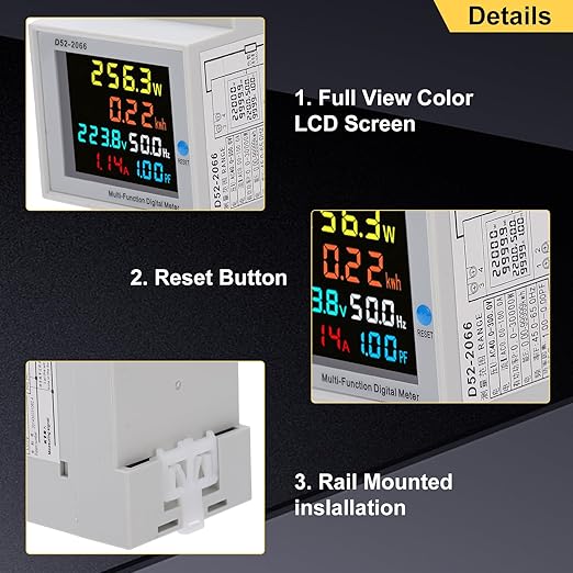 D52-2066 Single Phase Energy Meter with LCD Display Din Rail Electricity Usage Monitor for Voltage Current Power KWh Frequency Power Factor - 220V AC 40V-300V 100A Household & Industrial Use
