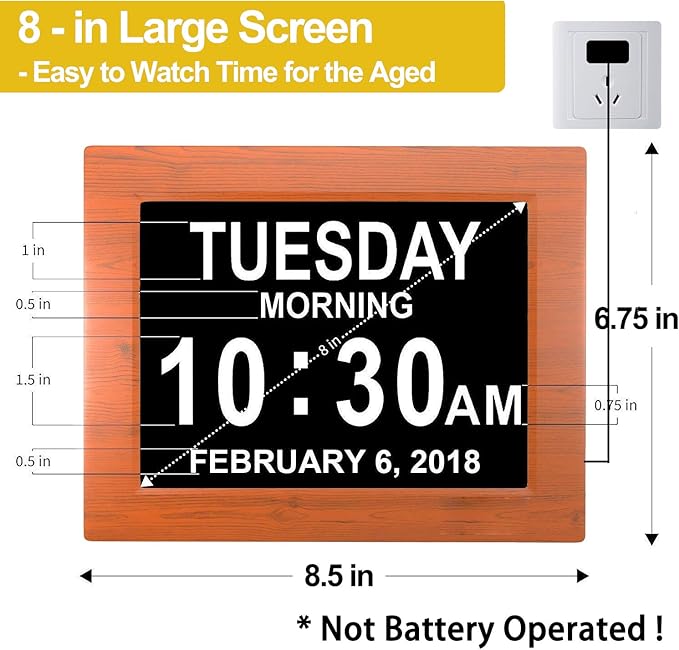JALL 【New 2024】 Digital Calendar Alarm Day Clock - with 8" Large Screen Display, am pm, Multiple Alarms, for Impaired Vision People, The Aged Seniors, The Dementia, for Desk, Wall Mounted, Wood