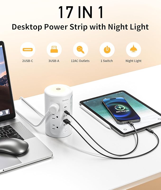 AnnTane Power Strip Tower with Night Light, 15W Surge Protector Power Strip with USB Ports, 10 FT Extension Cord with Multiple Outlets (12AC+3A+2C) for Home Office Desk DormRoom (White)
