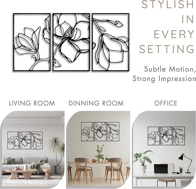 Wita Home Poppy Flower Metal Wall Art, 3-Panel Botanical Line Design, Modern Floral Wall Decor for Living Room, Bedroom, Office, Indoor & Outdoor Display (55×27 inches)
