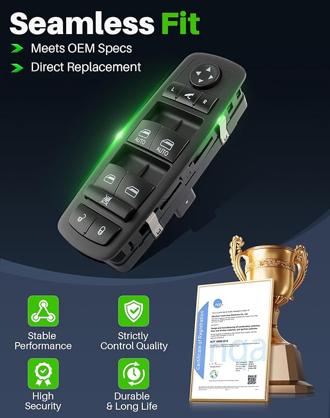 Dacall Window Switch Fits for Chrysler Town & Country (2012-2015), Dodge Grand Caravan (2012-2015), Ram 1500 2500 (2013-2015), Ram 3500 (2015) Front Driver Side, Replaces 68110867AA, 68110867AB