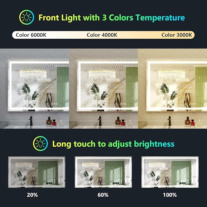 YEELAIT 80x40 Inch RGB LED Bathroom Mirror Front Light and RGB Backlit Lighted Vanity Mirror for Bathroom Wall Mounted Dimmable Anti Fog Memory Shatter-Proof IP54 Waterproof Horizontal/Vertical