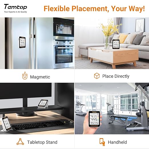 Temtop Air Quality Monitor Indoor Thermo-Hygrometer - PM2.5, AQI, Temperature, and Humidity Meter for Home, Office, or School, Air Quality Measurement, 60-Day Battery Life