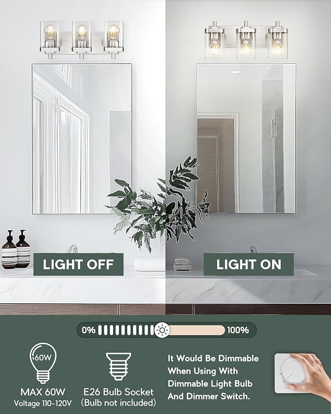 METWET Bathroom Light Fixtures, 3-Light Vanity Light with Square Clear Glass Shade, Brushed Nickel Modern Wall Sconces, Vanity Lighting Fixtures Over Mirror, VL194-BN-3