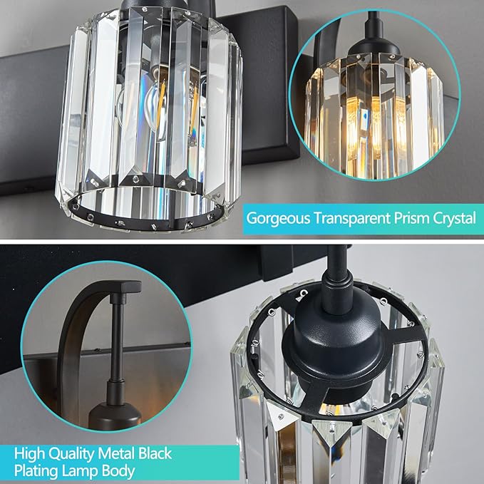 FDPBY Bathroom Crystal Vanity Lights 2-Light Black Wall Lamp Modern Crystal Bathroom Light Fixtures Over Mirror 13.77" Long Wall Sconce