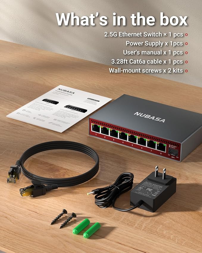 NUBASA 8-Port 2.5Gb Switch with 10Gb SFP+ Port, Unmanaged Multigig Ethernet Splitter for NAS, Gaming, PC - Plug & Play, Silent Aluminum Housing, 2.5 Gigabit Network Switch
