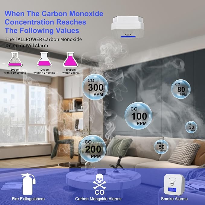 TALLPOWER Carbon Monoxide Detector,CO Gas Monitor Alarm,CO Sensor with LCD Digital Display and Sound Warning,CO Alarm with Sensitive CO Sensor,Battery Powered,for Home,Bedroom,Warehouse(2 Packs)