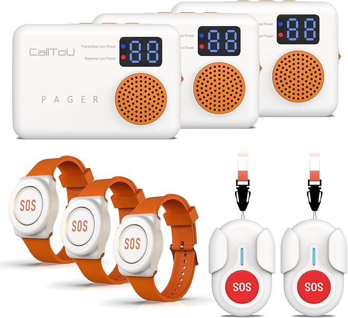 CallToU Wireless Caregiver Pager Portable Alarms for Elderly Wrist Call Button Caregiver Alert Paging System Vibrate Pager with Digital Display Nurse Call Bell Help Button, Alert Button for Seniors