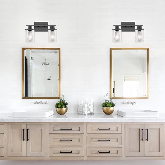 DIKAIDA Bathroom Vanity Light, 2-Light Modern Matte Wall Sconce Lighting with Clear Glass Shade, Wall Lights,Bath Vintage Wall Mounted Lamps for Mirror Bedroom Living Room