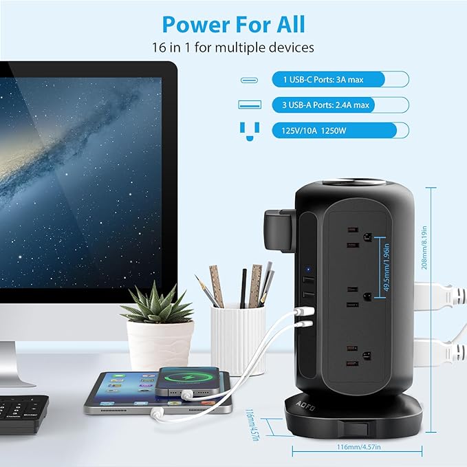 AOFO Long Extension Cord 15 ft Power Strip Tower, Surge Protector 12 AC Outlets 4 USB(1 USB C) Ports, Charging Tower Overload Protection with Multiple Outlets for Home Office