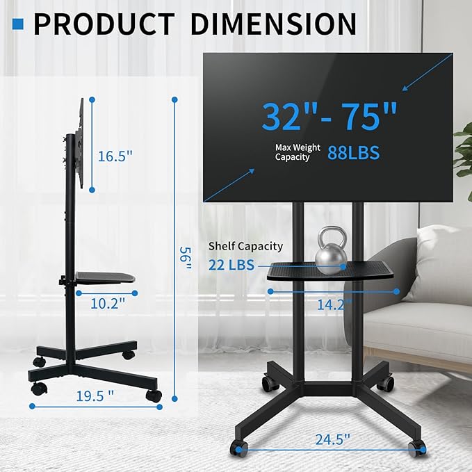 Solid Grace Rolling TV Stand with Wheels for 32-75 Inch TVs up to 88lbs, Portable TV Stand with Shelf, Mobile TV Cart for Living Room, Office, Meeting Room, Outdoor