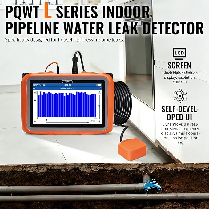 PQWT L30 Underground Water Leak Detectors for Home Wall Water Pipe Detector Machine Horizontal Sensor Acoustic Pipeline Leakage Detection Kit Noise Reduction Headphone Smart Touchscreen Carry Case