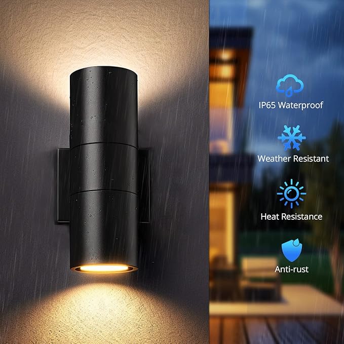 wowlite Dusk to Dawn Outdoor Light Fixture, Up and Down Lights Outdoor Lights for House, Waterproof Modern Cylinder Black Exterior Lighting Fixtures for Front Door Garage ETL Listed, 2 Pack