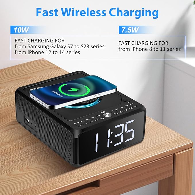 Gelielim CD Player Alarm Clock Radio, CD Players for Home, Desktop Portable CD Player with Bluetooth,10W Wireless Charging,FM/AUX/USB/Timer/Dimmer/Remote Control, Boombox Clock Radio with CD Player