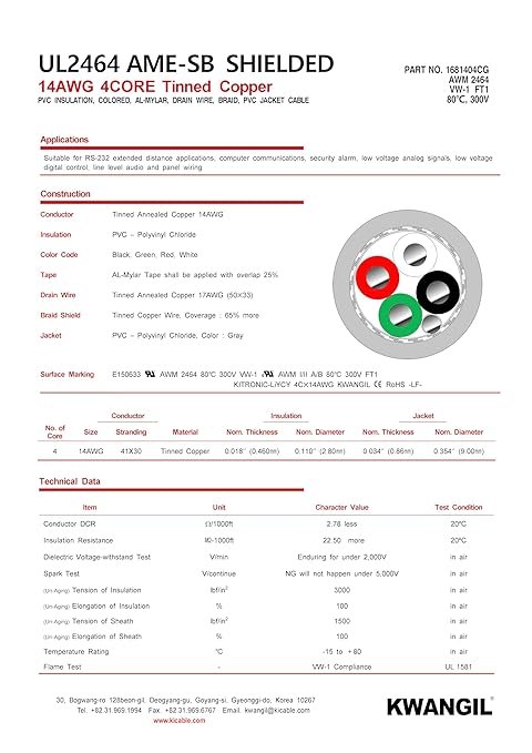 KWANGIL 4C 14AWG AMESB Shielded Cable Wire (UL2464) - Flexible Str TC, PVC Ins, OS+Drain+TC BRD, PVC JKT for CNC Machine, Stepper Motor, VFD Spindle (Gray 100FT)