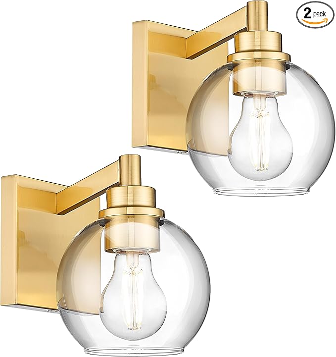 METWET Wall Sconces Set of 2, 1-Light Brushed Gold Sconces Wall Lighting with Globe Clear Glass Shade, Modern Bathroom Vanity Light Fixtures for Mirror Bedroom Living Room, VL195-BG-CL-1-2PK
