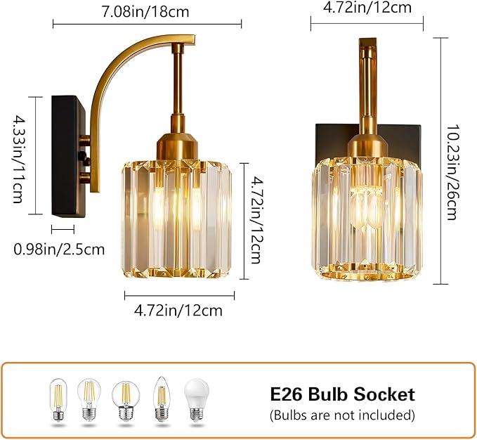 FDPBY Wall Sconces, Set of 2 Black Gold Crystal Vanity Lights, Modern Wall Lamp for Bathroom, Hallway, and Makeup, Easy Installation