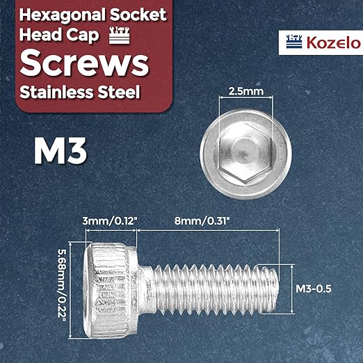 Kozelo 100pcs Socket Head Cap Screws - [M3-0.5 x 8mm] 304 Stainless Steel Allen Socket Drive for Electrical Motor 3D Printing Fan Engine Replacement Use, Silver