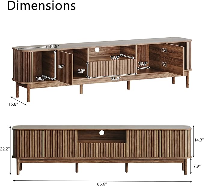 CHUWELL 86.6'' Fluted TV Stand for 75/80/85 Inch TVs, Mid Century Modern Entertainment Center with Large Storage Space & Open Shelves, Walnut TV Console with Sliding Doors for Living Room, Bedroom