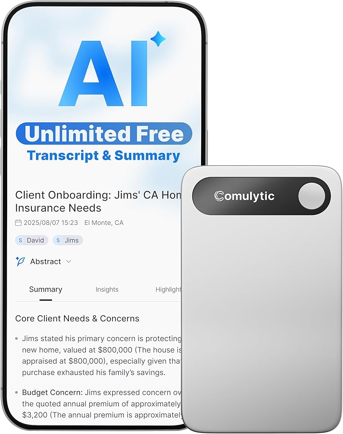 Comulytic Note Pro AI Voice Recorder, Unlimited Transcribe & Summarize, One Tap Recording Device with AI Note Taking, Support 113 Languages, 64GB, Audio Recorder for Calls, Meetings, Lectures, Silver