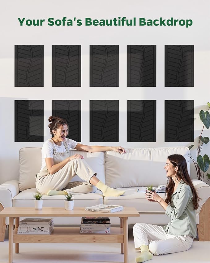 Topnaca 6 Pack Acoustic Panels Sound Absorbing for Home Office Walls, Black Decorative Self-Adhesive Leaf Textured Art Ceiling Tiles - Acoustical Treatments for Recording Studio Door 17"×12"×0.4"
