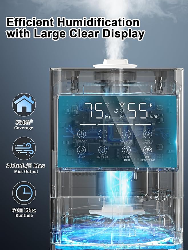 Zeova 9L/2.4Gal Smart Cool Mist Humidifier, Top Fill Quiet Humidifier Large Room, Covers 550ft², App & Remote Control, 60H Runtime, 7 Colors Light, 4 Mist Modes Humidifiers for Bedroom, Office, White