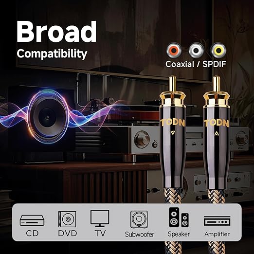 TODN Audiophile Digital Coaxial Cable HiFi SPDIF Coax Audio Cable 75-Ohm RCA Male to Male for Subwoofer, TV, Apm (4.9ft /1.5m)
