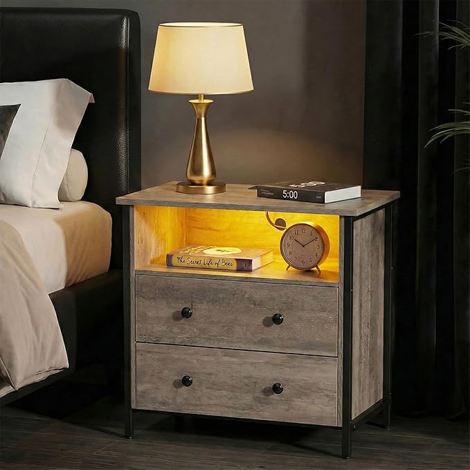 Tykacna 27 Inch Wide Night Stand, Large Wood Night Stand with 2 Drawers, LED Nightstand with Charging Station and Adjustable Drawer, Bedside Table for Living Room/Bedroom/Study/Office, Gray.