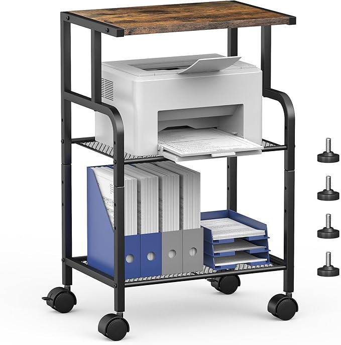 Alexayhome Printer Cart with Wheels,Small Printer Stand with Storage, Printer Table for Home Office, 3 Tier Cart with Adjustable Shelf, Supports Up to 80 Lbs for Home Office, Kitchen, Living Room