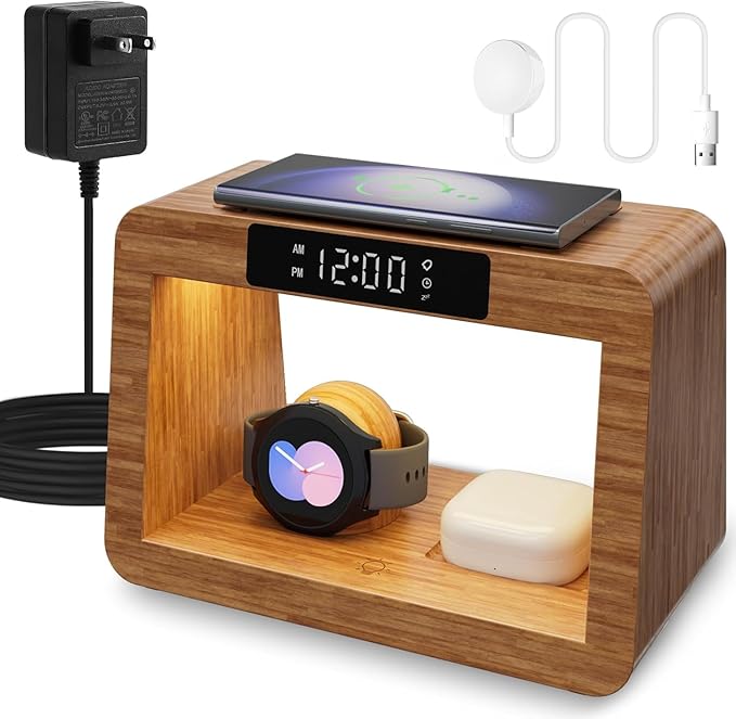 Bamboo Wireless Charging Station, 3 in 1 Charging Station with Light & Clock for Samsung & Android Phone, Wireless Phone Charger Station Only for Samsung Watch