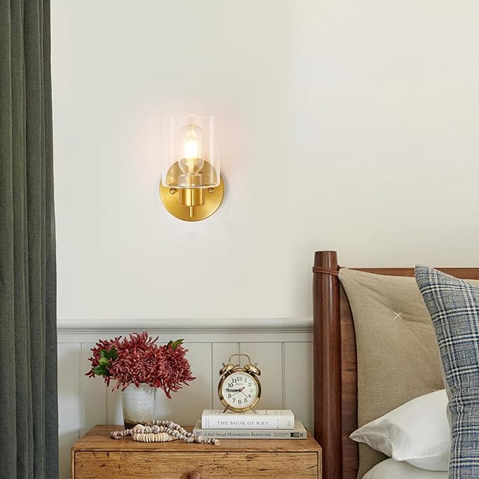 SOPEAS 1-Light Wall Sconce Gold,Vanity Light, Wall Mount Bathroom Mirror Fixtures, Brass Bathroom Light fixtures with Clear Glass Shade for Bedroom, Entrance, Hallway, Living Room (1 Pack)