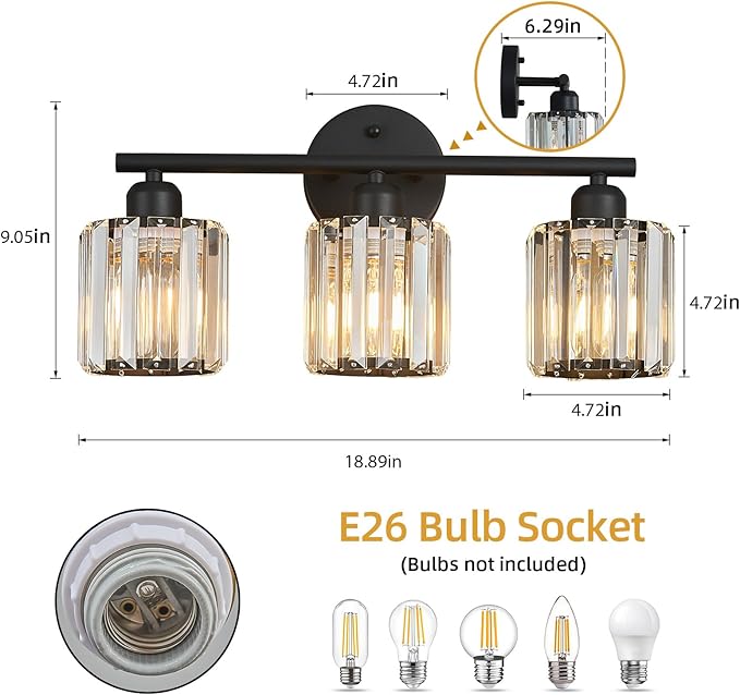 FDPBY Modern 3 Light Crystal Vanity Light, Black Vertical Bathroom Light Fixture Over Mirror for Dressing Table Sink, Compatible with Dimmable Bulbs (Bulbs Not Included)