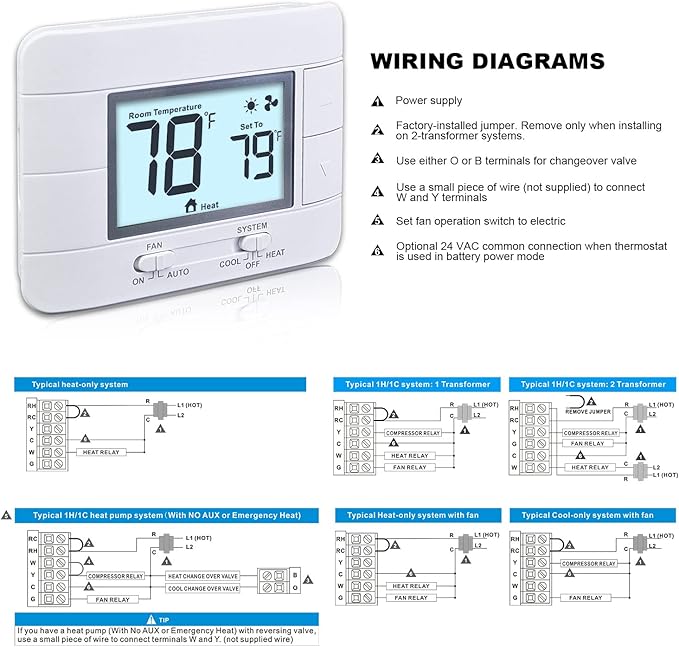 Aowel Non Programmable Thermostat for Home 1 Heat/ 1 Cool Single-Stage System, with Room Temperature Monitor (LCD White Backlit Screen)