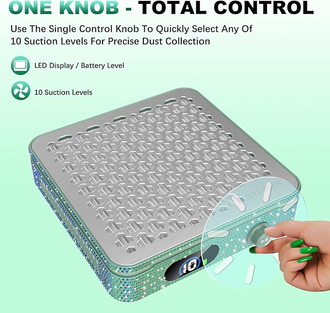 Nail Dust Collector | 1000PA Gel Nail Dust Collector | 10 Speed Levels | Low Noise & Strong Suction | Reusable Filter, 10 Pads + Nail Dust Brush | for Acrylic Nails, Salon & Home - Dark Green Diamond